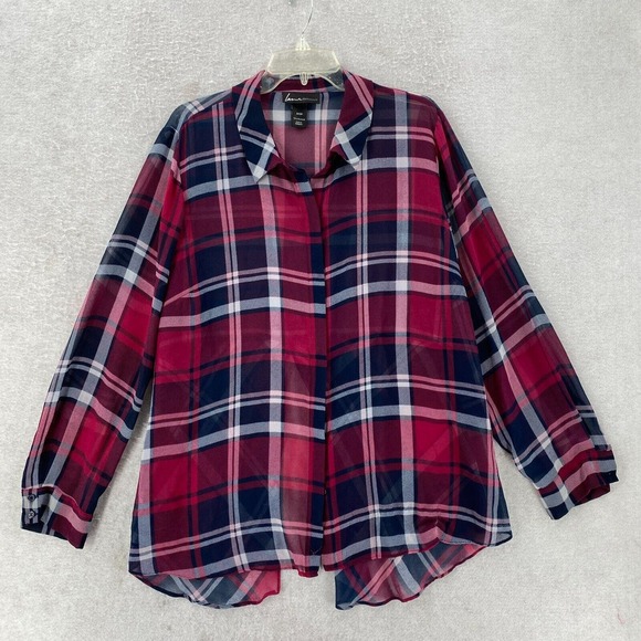 LANE BRYANT Plaid Top Womens 22/24 Semi Sheer Split Back Tunic Button‎ Blouse - Picture 1 of 12